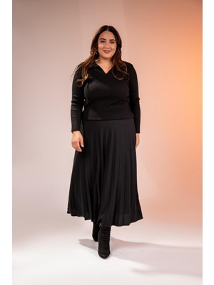 Roxxlen Büyük Beden Kadın Uzun Pliseli Etek