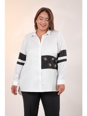 Roxxlen Büyük Beden Garnili Beyaz Gömlek