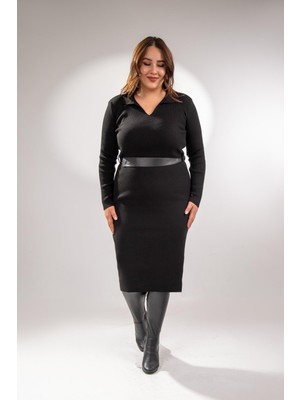 Roxxlen Büyük Beden Kadın Polo Yaka Triko Elbise