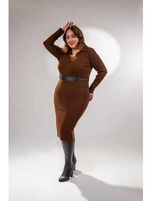 Roxxlen Büyük Beden Kadın Polo Yaka Triko Elbise