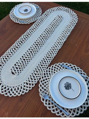 Home İnn 2 Kişilik Sofra Seti Hasır Görünümlü Amerikan Servis- Runner - Leke Tutmaz Beyaz