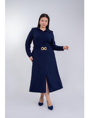 Roxxlen Büyük Beden Kadın Gömlek Yaka Kemerli Elbise