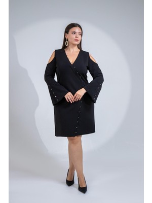 Roxxlen Büyük Beden Kadın Düğmeli Kol Detaylı Elbise Siyah