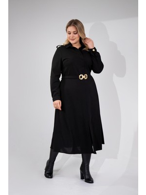 Roxxlen Büyük Beden Kadın Gömlek Yaka Kemerli Elbise