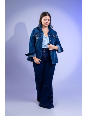 Roxxlen Büyük Beden Kadın Taşlı Mavi Kot Ceket