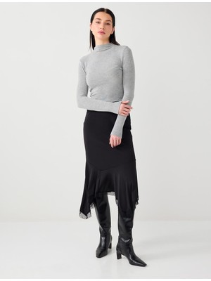 Jimmy Key Siyah Normal Bel Düz Kesim Dantel Detaylı Örme Midi Etek