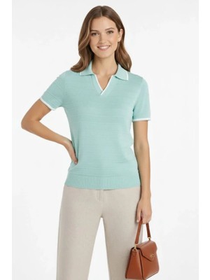 Marsilyan Triko Kumaş Yakalı Düğmesiz Açık Yaka Fitilli Kısa Kollu Regular Fit Tişört T-Shirt - Mint