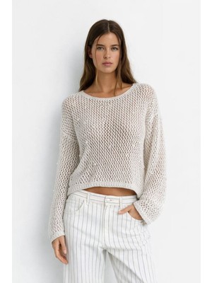 Hakke Inci Detaylı File Örgü Kadın Triko Kazak