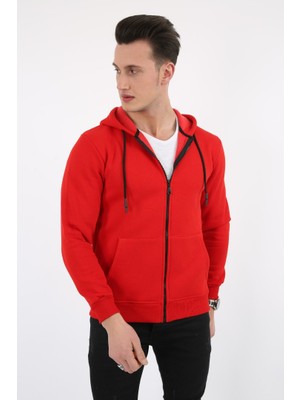 buğrahayalin Üç Iplik Düz Kapşonlu Fermuarlı Kanguru Cepli Erkek Günlük Sweatshirt