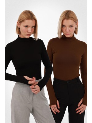Yade Fashion Kadın Parmak Detaylı Body 2’li Set
