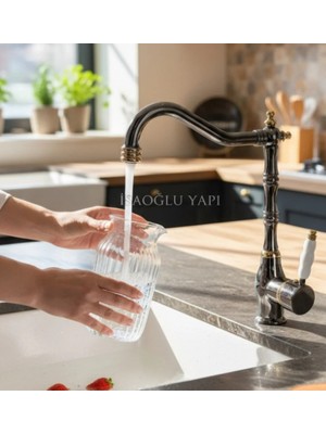 İsaoğlu Yapı Füme Mutfak Bataryası Gold Füme Çift Renk Retro Mutfak Armatür Özel Tasarım Pirinç Malzeme