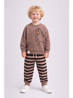 Dinamik çocuk Erkek Çocuk At Baskılı Çizgili Alt Üst 2li Eşofman Takımı 2iplik Mevsimlik 1-2-3-4yaş