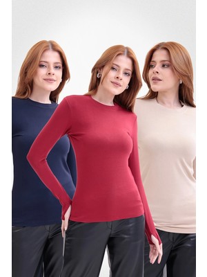 Yade Fashion Parmak Detaylı Bisiklet Yaka Body 3\'lü Set