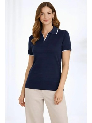 Marsilyan Triko Kumaş Yakalı Düğmesiz Açık Yaka Fitilli Kısa Kollu Regular Fit Tişört T-Shirt - Laciv