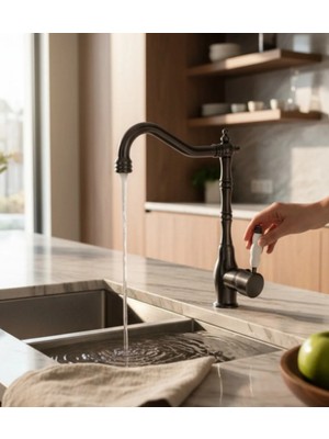 İsaoğlu Yapı Antrasit Gri Retro Mutfak Bataryası Pirinç Malzeme Rustik Tasarım Antrasit