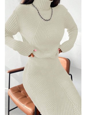 Miss Poem Ekru Renkli Örgü Desenli Triko Elbise Takım