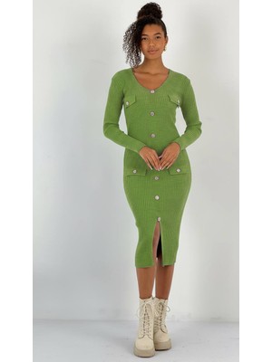 Miss Poem Kadın Yeşil Önü Dekoratif Düğmeli Yırtmaçlı Triko Elbise