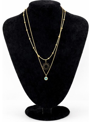 Pangu Güneş Figürlü Nazar Detaylı Altın Renk Çift Zincir Çelik Kolye