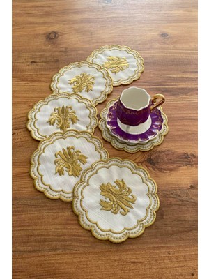 PremiumPort Keten Kahve Sunumluk Peçete, Nakışlı, Gold Detay, 6'lı Set