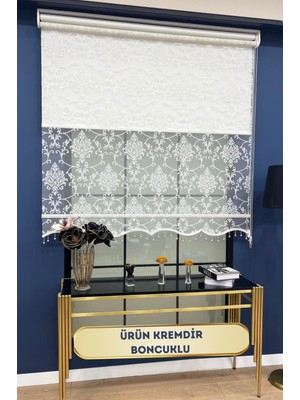 Volper Mekanik VP1620 Çift Mekanizmalı Tül ve Stor Perde Simli Damaks Desenli Etek Dilimli Krem (Boncuklu)