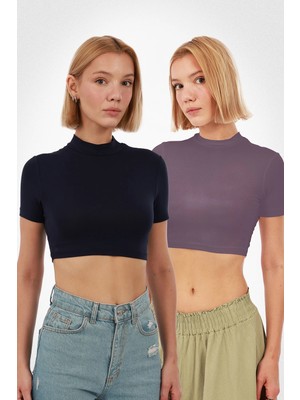Yade Fashion Kadın Kısa Kol Crop 2\'li Set