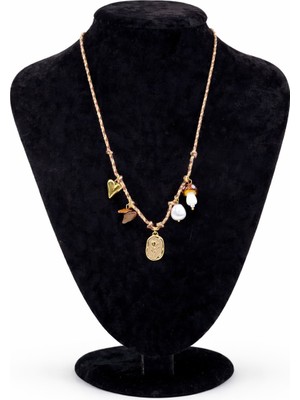 Pangu Doğal Taş ve Inci Detaylı Örgü Ip Charm Kolye