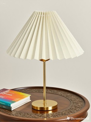 PremiumPort Şık Krem Kumaş Pileli Metal Ayaklı Komidin Başı Abajur