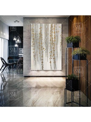 PremiumPort Parlak Gümüş ve Altın Renkli Çiçekli Dikey Kanvas Tablo