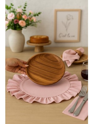 PremiumPort 6'lı Pembe Fırfırlı Pamuk Keten Supla Seti, Şık ve Zarif Amerikan Servisleri