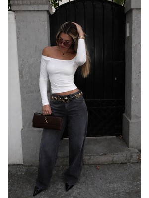 Uzun Kollu Salaş Tek Omuz Dekolteli Bluz