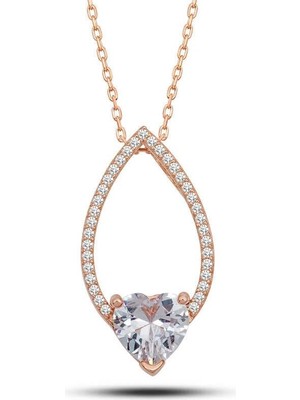 Özcömert Silver Gümüş Rose Kalp Beyaz Taşlı Damla Kadın Kolye