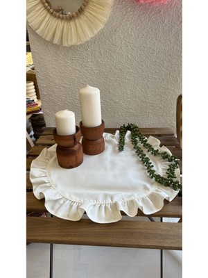 PremiumPort Keten Ekru Yuvarlak Fırfırlı Dekoratif Örtü 60X60