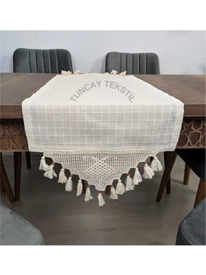 PremiumPort El Dantelli Püsküllü Runner, Keten Masa Örtüsü, 45X200 cm