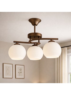 Kuzenler Modern Metal 3 Lü Kahve Kasa Beyaz Cam Avize