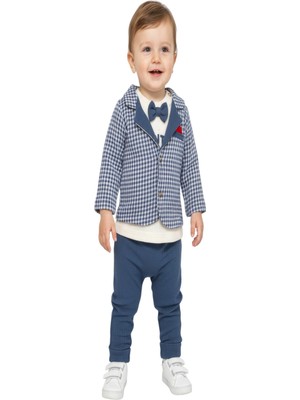 Dinamik çocuk Papyonlu Ekose Ceketli Erkek Bebek 3'lü Takım – Ceket Sweatshirt Pantolon Bayramlık 3-6-9-12AYLIK