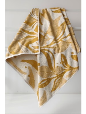 Sevim Yaprak Desen Ipliği Boyalı Hardal Banyo Havlusu -Yüksek Su Emici, Yumuşak, 90X150CM-%100 Pamuk
