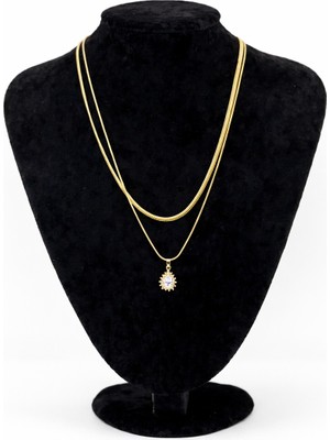 Pangu Taş Detaylı Damla Uçlu Altın Renk Çift Zincir Çelik Kolye