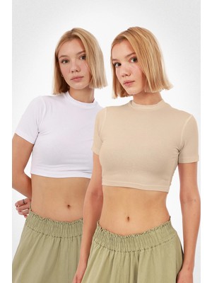 Yade Fashion Kadın Kısa Kol Crop 2\'li Set