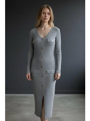 Miss Poem Kadın Gri Önü Dekoratif Düğmeli Yırtmaçlı Triko Elbise