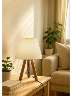 PremiumPort Şık Ahşap ve Krem Kumaşlı Modern Abajur Aydınlatma Parçası