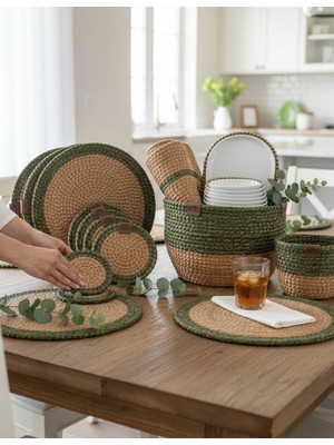 Home İnn 4 Kişilik Lüks Hasır Örgü Yeşil Sofralık Set (Amerikan Servis, Runner, Sepet, Ekmeklik) - 16 Parça