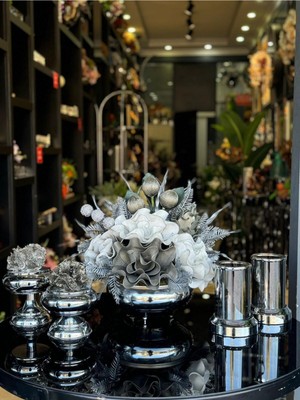 PremiumPort Yapay Çiçekli Gümüş Yassı Vazo 5 Parça Set No:1