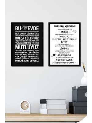 PremiumPort Şık 2 Parça Çerçeve Görünümlü Ev Kuralları Duvar Tablo Seti