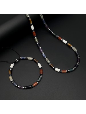 Seven Art Jewelry Galaksi Silindir Doğal Taş Makrome Kolye & Bileklik Set