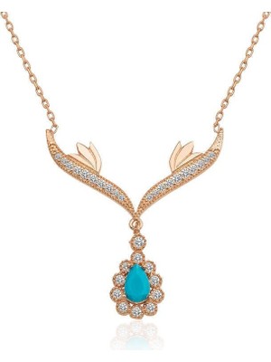 Özcömert Silver Gümüş Rose Turkuaz Taşlı Madalyon Bayan Kolye