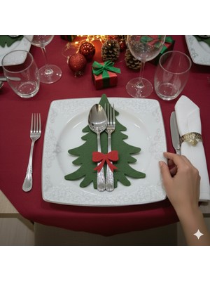 PremiumPort 6 Adet Fiyonklu Dekoratif Çam Ağacı Keçe Peçetelik ve Çatal Kaşıklık