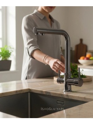 İsaoğlu Yapı Antrasit Gri Mutfak Bataryası Arıtma Özellikli Antrasit Evye Armatürü Sıcak Soğuk ve Arıtmalı