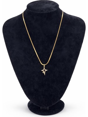 Pangu Altın Renk Taşlı Şimşek Yıldız Figürlü Çelik Kolye