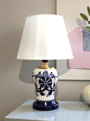 PremiumPort Şah Mavi Çiçekli Abajur Aydınlatma Beyaz Şapka Gold Feray Home