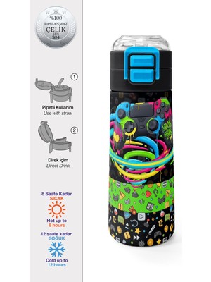 Coral High Kids Siyah Gamer Desenli Pipetli ve Direkt Içim Çelik Termos 500 ml 38140